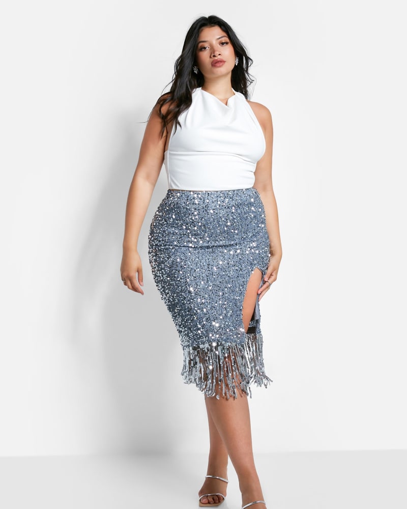 Glimmer Sequin Fringe Midi Bodycon Skirt Silver